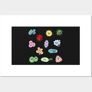 Cute Microbes Bacteria, Virus, Ecoli MicroBiology Seamless Pattern Sticker Pack. Posters and Art